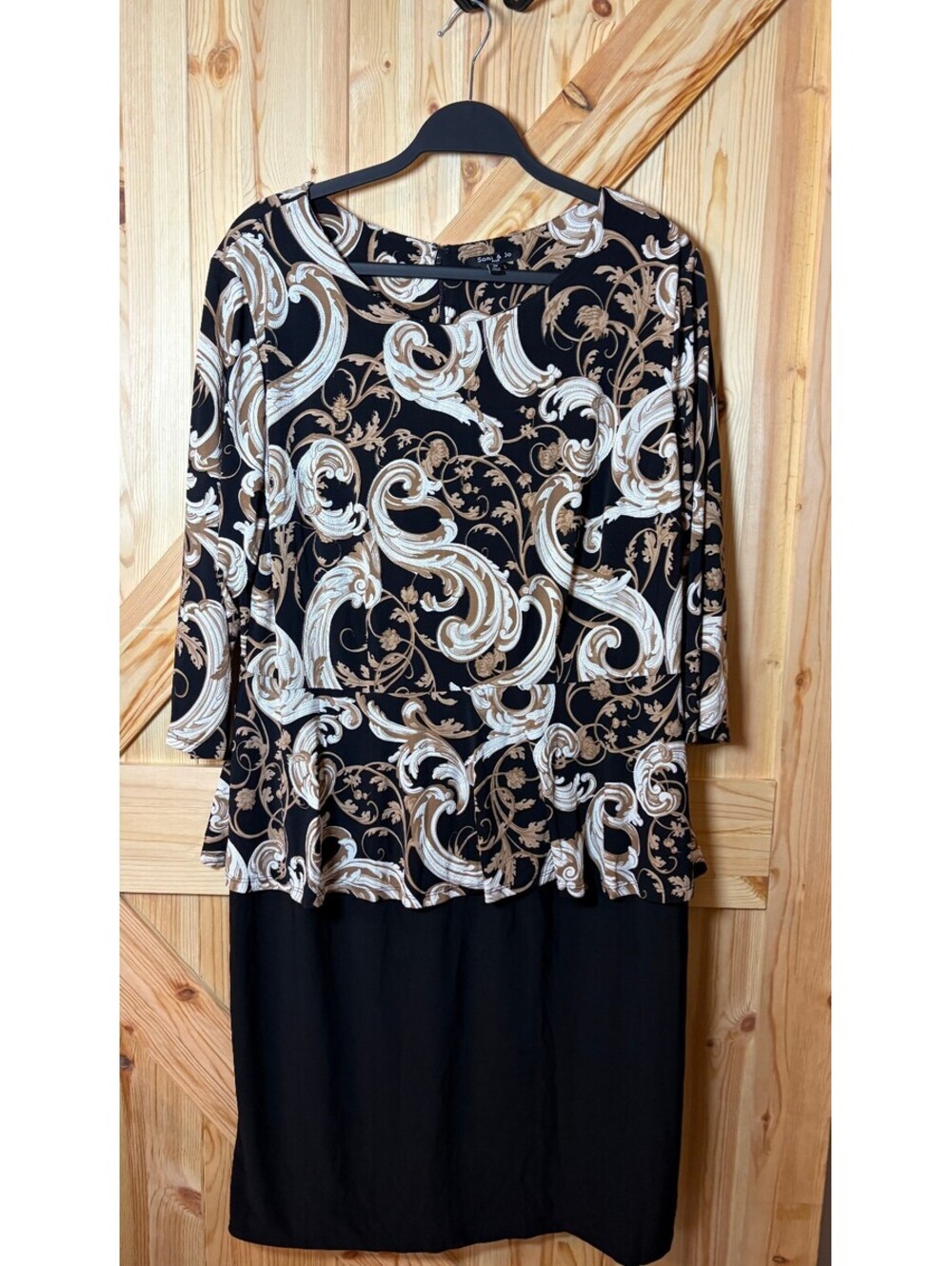 Sami & Jo Size 2X Black and Tan Patterned Dress with Peplum Detail